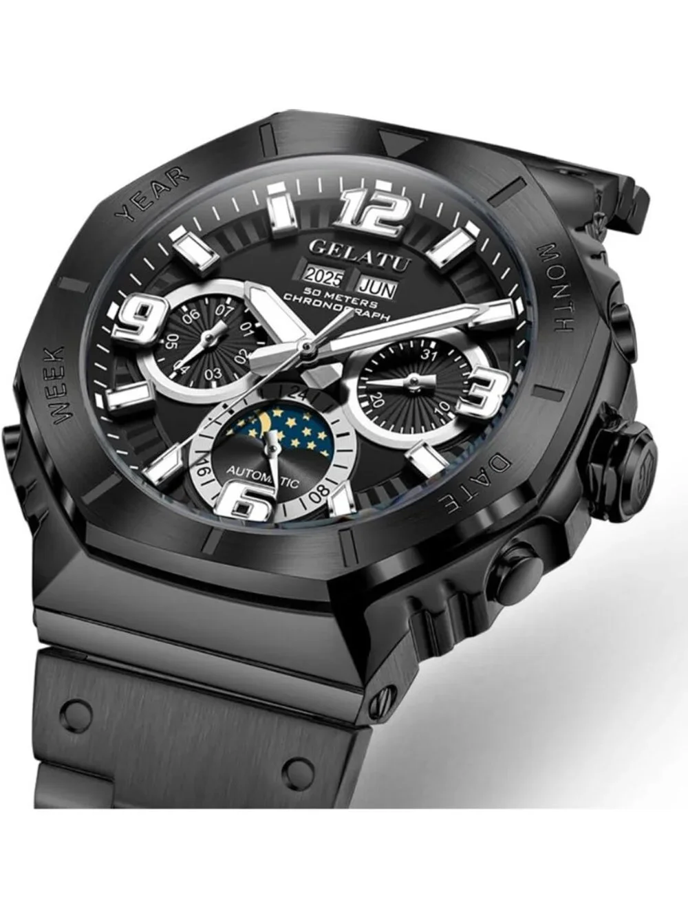 Men's Black & White Automatic Mechanical Multi-Function Chronograph Luxury Watch